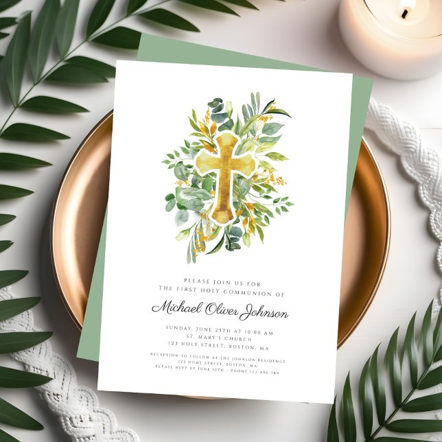 Invitación Elegante Cruz Botánica Primera Comunión (Elegant Botanical Cross First Communion Invitation)