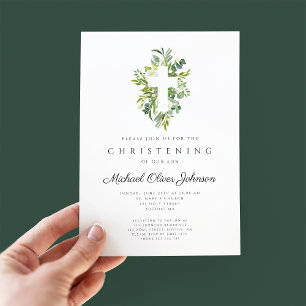 Invitación Elegante Cruz Botánica Religiosa