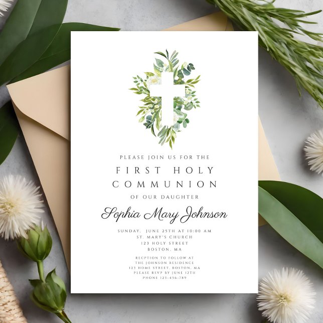 Invitación Elegante Cruz Botánica Verde Primera Comunión (Elegant Green Botanical Cross First Communion Invitation)