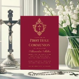 Invitación Elegante Cruz Burgundy Oro Cresta Primera Comunión