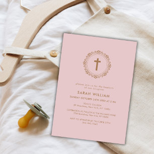 Invitación Elegante cruz clásica rosa y polvoriento bautismo 
