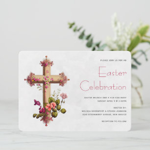 Invitación Elegante Cruz con Flores Rosadas de Pascua
