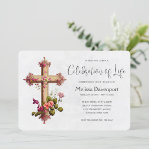 Invitación Elegante cruz con memorial de flores rosas