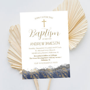 Invitación Elegante Cruz Cristiana Azul Oro   Bautizo