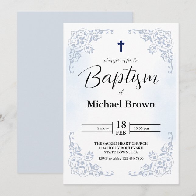 Invitación Elegante cruz de bautismo católico azul simple (Anverso / Reverso)