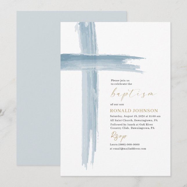Invitación Elegante Cruz de Bautismo de Acuarela Moderna (Anverso / Reverso)