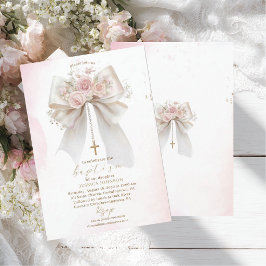 Invitación Elegante Cruz de Bautismo de Acuarela Moderna Rosa