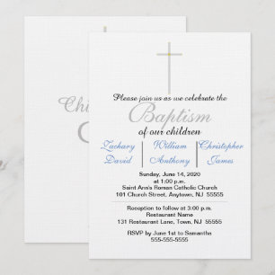 Invitación Elegante Cruz de Bautismo de Plata Azul para Trill