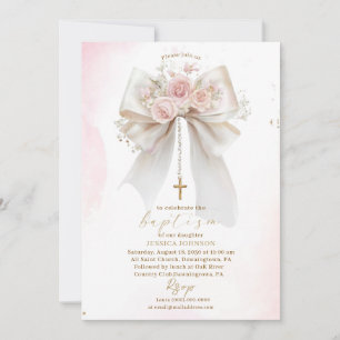 Invitación Elegante Cruz de Bautismo Moderno Acuarela Lazo Ro