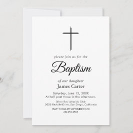 Invitación Elegante Cruz de Bautizo con Caligrafía Negra en C