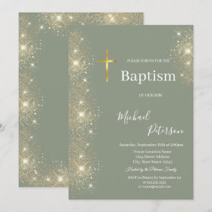 Invitación Elegante Cruz de Bautizo Dorada Purpurina Verde Sa