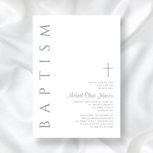 Invitación Elegante Cruz de Bautizo en Azul Polvo con Letra S