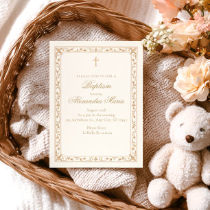 Invitación Elegante Cruz de Cobre Bautismo Marfil