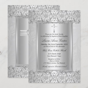 Invitación Elegante Cruz de Damasco de Plata para Bautizo