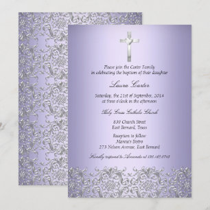 Invitación Elegante Cruz de Damasco Morado Bautizo