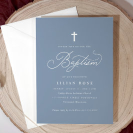 Invitación Elegante Cruz de Escritura para Bautizo en Azul Po
