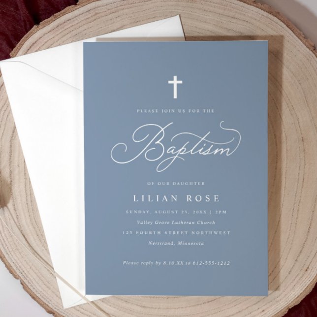 Invitación Elegante Cruz de Escritura para Bautizo en Azul Po (Dusty blue baptism invitation with gold script and cross—elegant, soft, and personalized.)