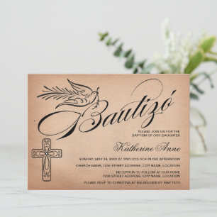 Invitación Elegante cruz de escritura vintage y Dove Bautizó