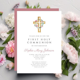 Invitación Elegante Cruz de guirnalda floral rosa Primera Com