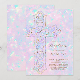 Invitación elegante cruz de opal Bautismo