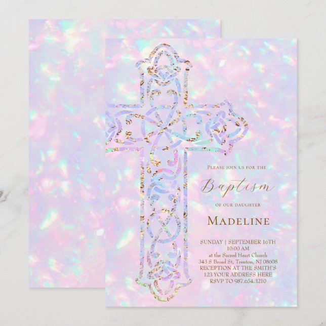 Invitación elegante cruz de opal Bautismo (Anverso / Reverso)