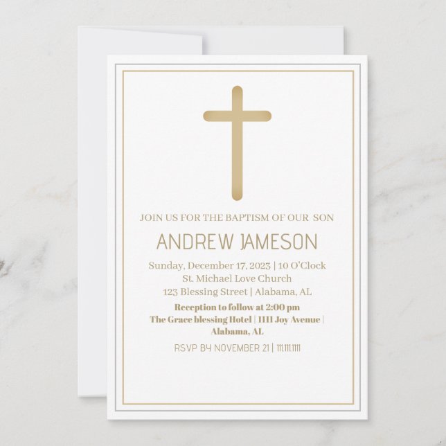 Invitación Elegante Cruz de Oro Azul Cristiano | Bautismo (Anverso)