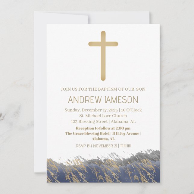 Invitación Elegante Cruz de Oro Azul Cristiano | Bautismo (Anverso)