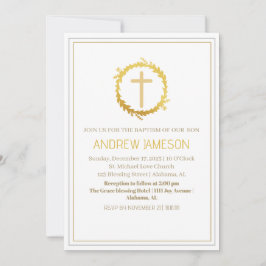 Invitación Elegante Cruz de Oro Azul Cristiano | Bautismo
