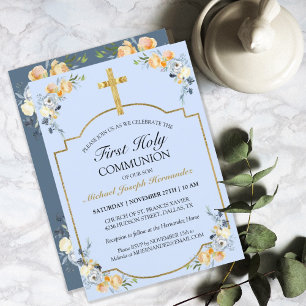 Invitación Elegante Cruz de Oro Azul Floral 1ª Santa Comunión