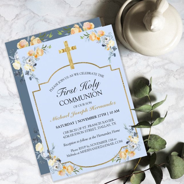 Invitación Elegante Cruz de Oro Azul Floral 1ª Santa Comunión (Subido por el creador)