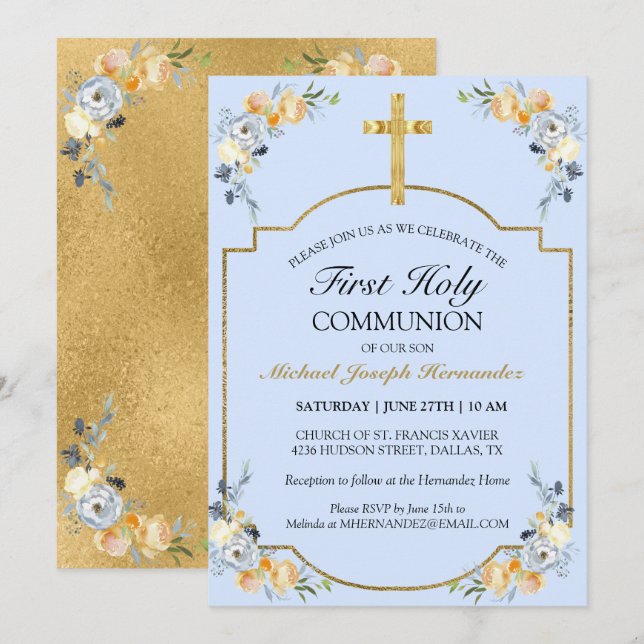 Invitación Elegante Cruz de Oro Azul Floral 1ª Santa Comunión (Anverso / Reverso)