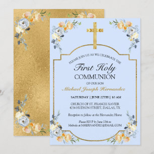 Invitación Elegante Cruz de Oro Azul Floral 1ª Santa Comunión