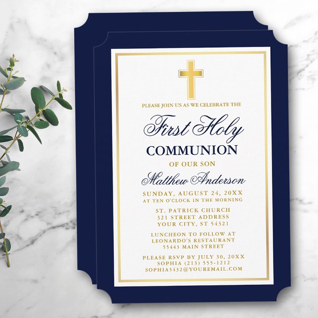 Invitación Elegante Cruz de Oro Azul Primera Santa Comunión (Customize to change text size, color or text style.)