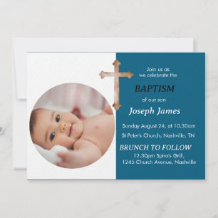 Invitación Elegante Cruz de Oro Azul y Blanco