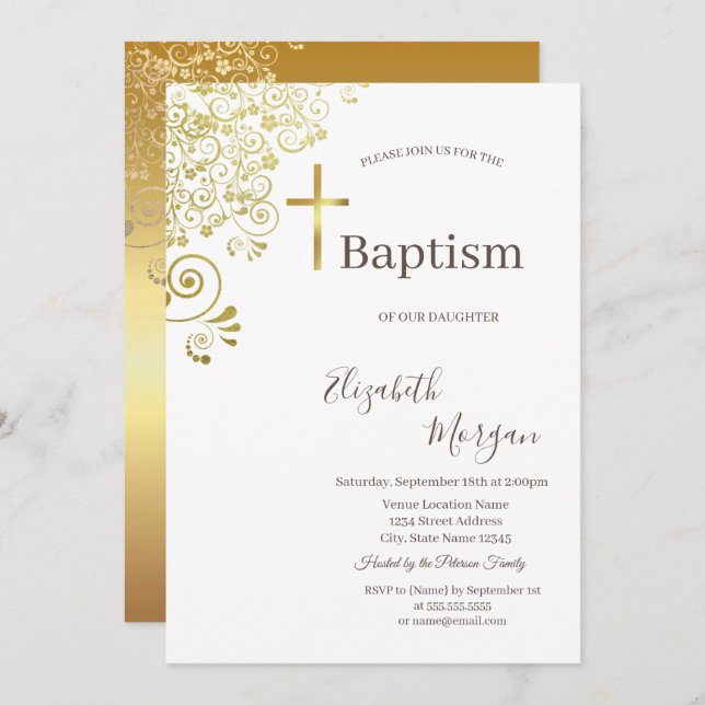 Invitación Elegante Cruz de Oro Baptismo Dorado Floral Lace (Anverso / Reverso)