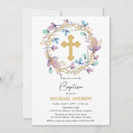 Invitación Elegante Cruz de Oro Baptismo Floral