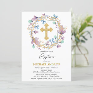Invitación Elegante Cruz de Oro Baptismo Floral