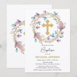 Invitación Elegante Cruz de Oro Baptismo Floral