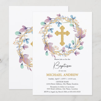 Invitación Elegante Cruz de Oro Baptismo Floral