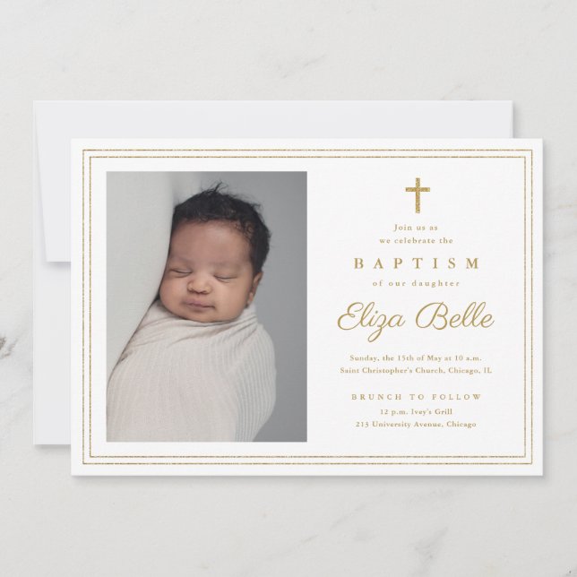 Invitación Elegante cruz de oro bautizo religioso y cristiani (Anverso)