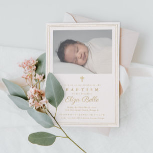 Invitación Elegante cruz de oro bautizo religioso y cristiani