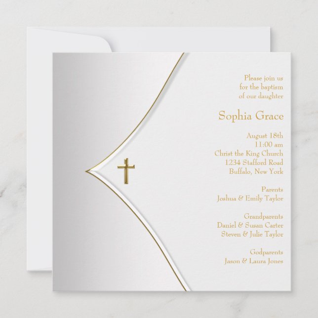 Invitación Elegante Cruz de Oro Blanco para Bautizo (Anverso)