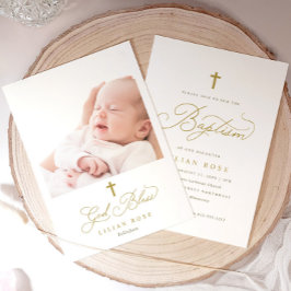 Invitación Elegante Cruz de Oro Caligrafía Foto Bautizo