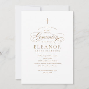 Invitación Elegante Cruz de Oro Caligrafía Primera Comunión
