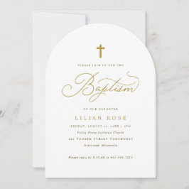 Invitación Elegante Cruz de Oro Caligrafía Script Bautizo