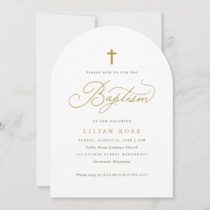 Invitación Elegante Cruz de Oro Caligrafía Script Bautizo