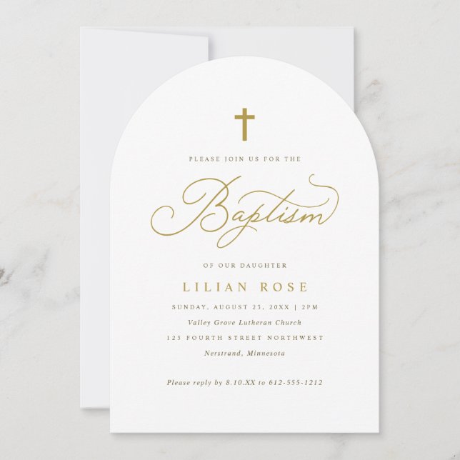 Invitación Elegante Cruz de Oro Caligrafía Script Bautizo (Anverso)