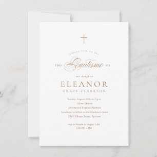 Invitación Elegante Cruz de Oro con Caligrafía para Bautizo E