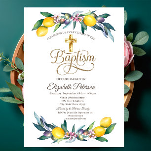 Invitación Elegante cruz de oro con limones y aceitunas en ac