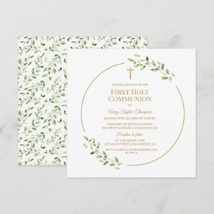 Invitación Elegante Cruz de Oro con Verdor Primera Comunión